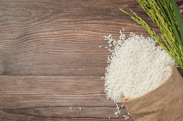 Saco de arroz con lugar de planta de arroz sobre piso de madera