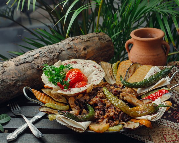 saco de carne y pollo con verduras