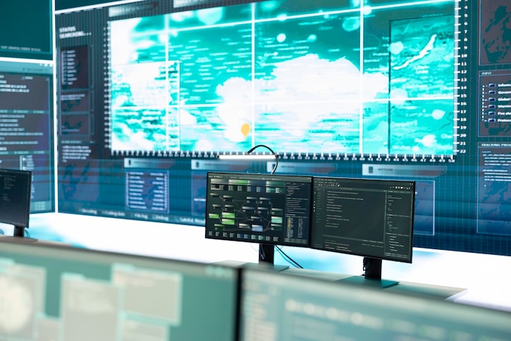 Foto gratuito sala de ciberseguridad gubernamental de alta tecnología sin personal en el trabajo