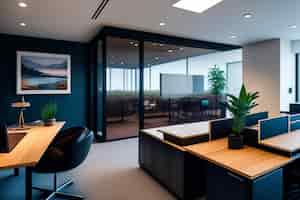 Foto gratuita una sala de conferencias con un escritorio y una pared de ventanas que dice 'la oficina'