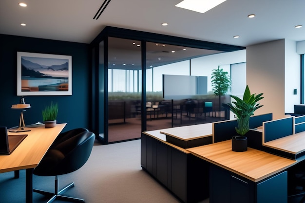 Una sala de conferencias con un escritorio y una pared de ventanas que dice 'la oficina'
