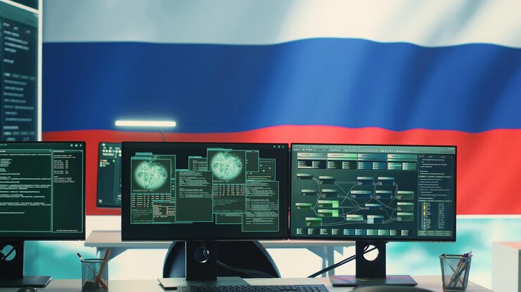 Foto gratuito sala de defensa cibernética de autocracia vacía con la bandera rusa en la pantalla grande