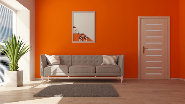 Sala de estar contemporánea 3D y muebles modernos.