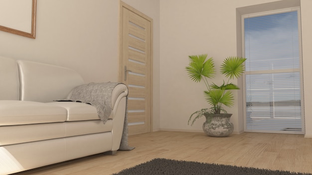Sala de estar contemporánea 3D y muebles modernos.