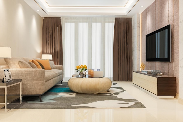 Sala de estar de lujo de loft de renderizado 3d con estantería con puf
