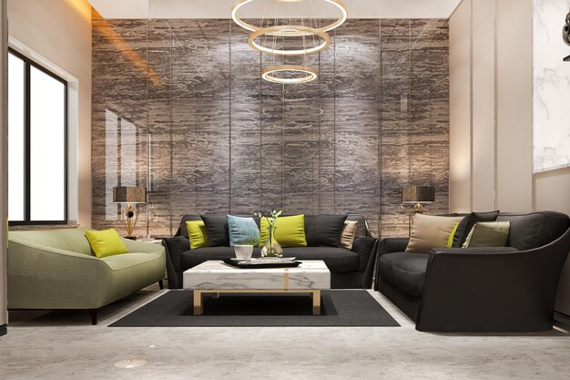 Sala de estar de lujo de loft de renderizado 3d con lámpara de araña de diseño