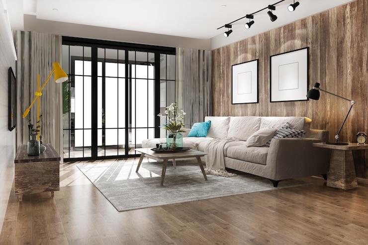 Foto gratuito sala de estar de lujo tipo loft con estantería en 3d