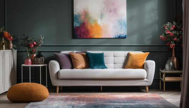 Una sala de estar moderna y cómoda con una decoración elegante y asientos generados por IA