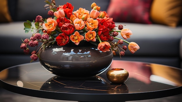 La sala de estar moderna está acentuada con flores vibrantes en una mesa de café