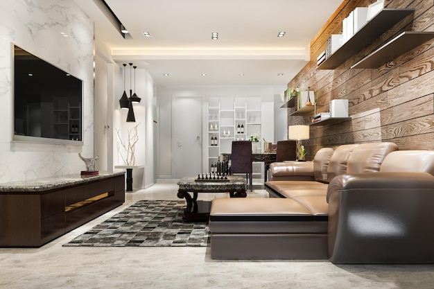 Foto gratuita sala de estar moderna y de lujo con renderizado 3d con sofá de cuero y lámpara y decoración de madera estilo loft