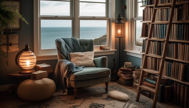 Una sala de estar moderna y lujosa con un cómodo sofá y una decoración elegante generada por IA