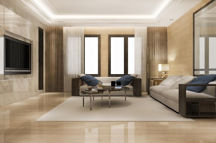 Foto gratuito sala de estar moderna y lujosa con sofá de cuero y lámpara en 3d