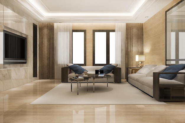 Sala de estar moderna y lujosa con sofá de cuero y lámpara en 3D