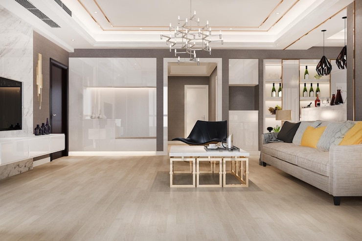 Foto gratuito sala de estar moderna y lujosa con sofá de cuero y lámpara en 3d