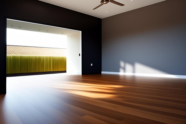 Una sala de estar con una pared gris oscuro y una silla amarilla.