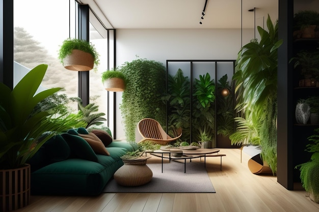 Una sala de estar con plantas en la pared.