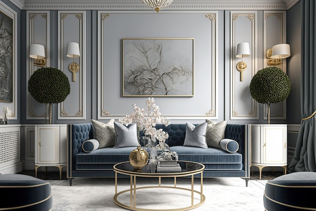 Foto gratuita una sala de estar con un sofá azul y una mesa de café dorada.