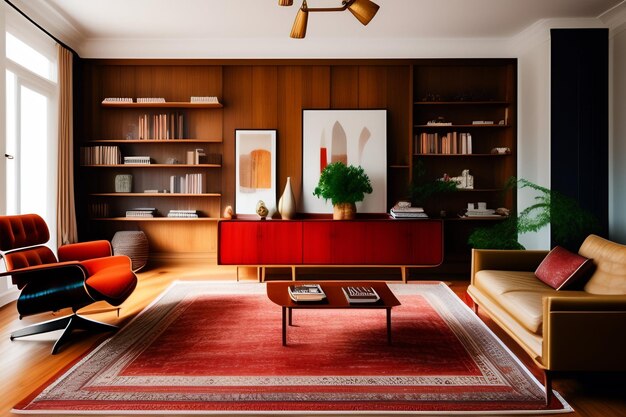 Una sala de estar con un sofá rojo, una mesa de centro y una librería con un cuadro.
