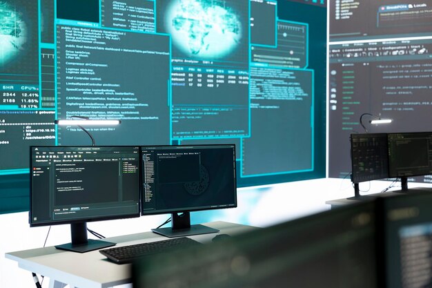 Sala de monitoreo de seguridad cibernética con equipos de alta tecnología