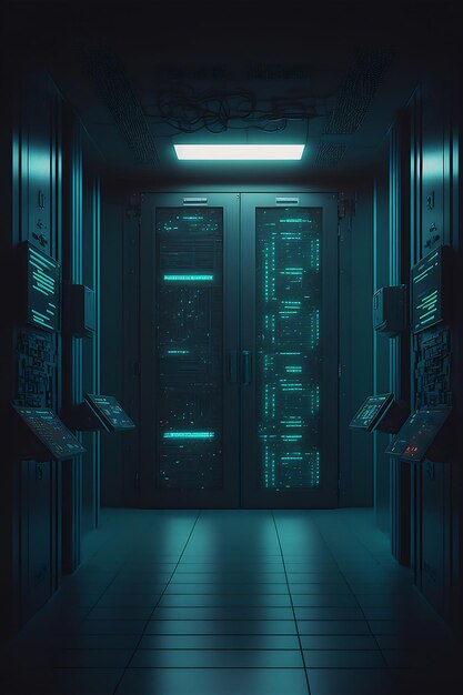 Sala de racks de servidores de datos cibernéticos con centro de cómputo de big data Hardware de almacenamiento de alojamiento interior azul