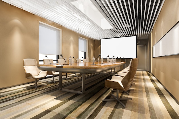 Sala de reuniones de negocios de renderizado 3D en edificio de oficinas