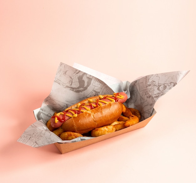 Foto gratuita salchicha hervida hotdog en un bollo con ketchup mostaza y papas