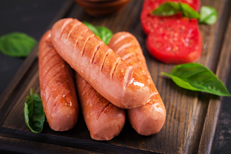 Foto gratuito salchicha a la parrilla con tomates y albahaca