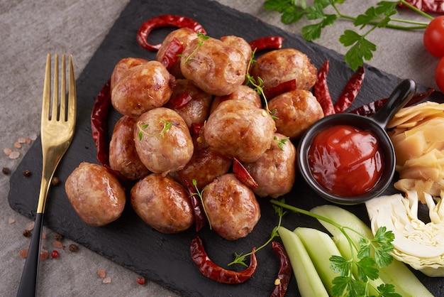 Salchichas ácidas caseras con hierbas tailandesas, verduras. Embutidos caseros de carne de cerdo en pieles con hierbas y especias. Vista superior.