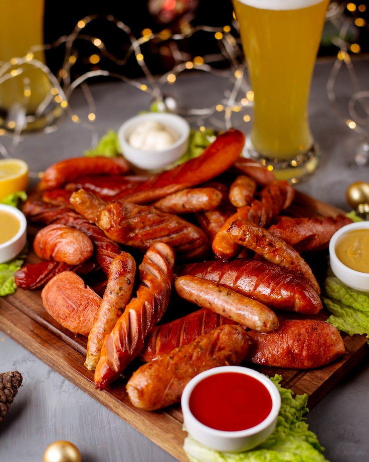 Foto gratuito salchichas ahumadas servidas con ketchup, mostaza, mayonesa y un vaso de cerveza