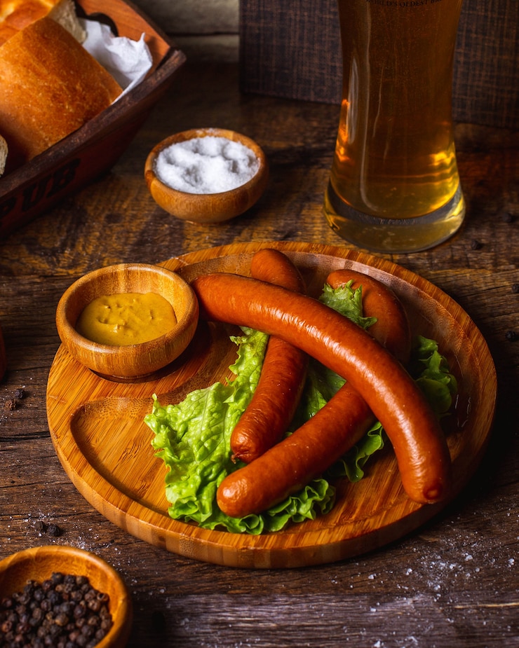 Foto gratuito salchichas con mostaza sal pimienta y vaso de cerveza