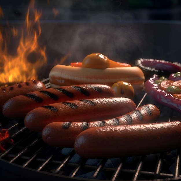 Foto gratuita salchichas a la parrilla con llamas y humo