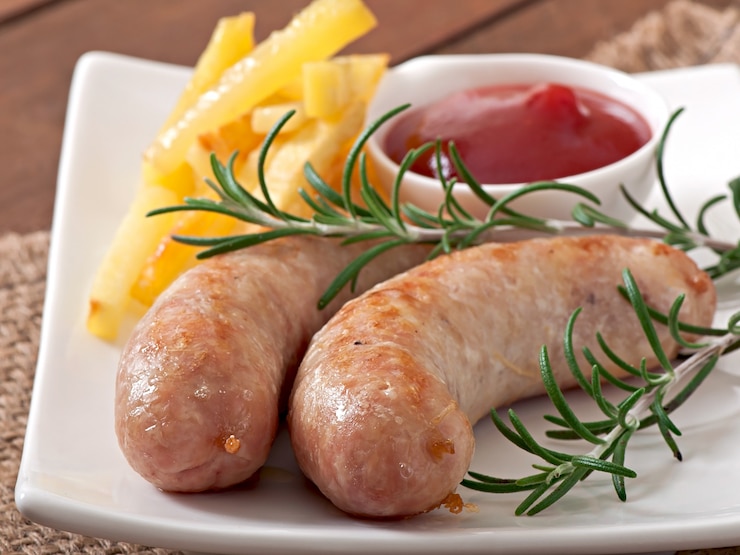 Foto gratuito salchichas de pollo a la parrilla con guarnición de papas fritas