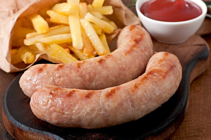 Foto gratuito salchichas de pollo a la parrilla con guarnición de papas fritas