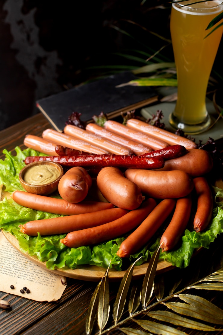 Foto gratuito salchichas servidas con mostaza y cerveza
