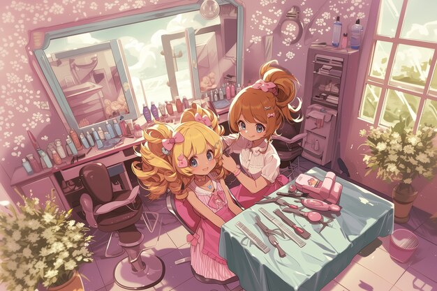 Salón de belleza de estilo anime con equipos de cosmetología