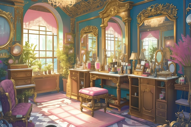 Salón de belleza de estilo anime con equipos de cosmetología