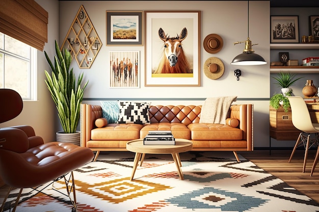 Salón estilo Mid Century con colores cálidos Ai generativo