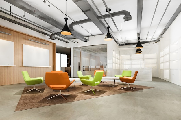 Salón de oficina loft moderno de renderizado 3D en espacio de trabajo co