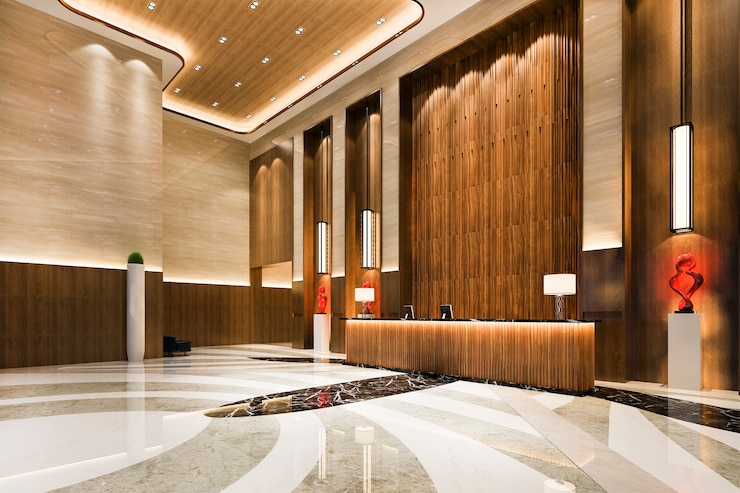 Foto gratuito salón de recepción de hotel de lujo y restaurante salón con techos altos