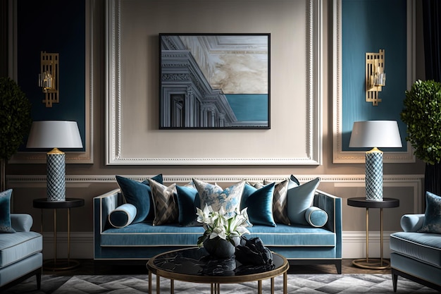 Un salón con un sofá azul y un cuadro en la pared.