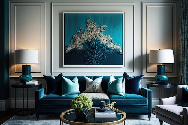 Un salón con un sofá azul y un gran cuadro de una flor en la pared.