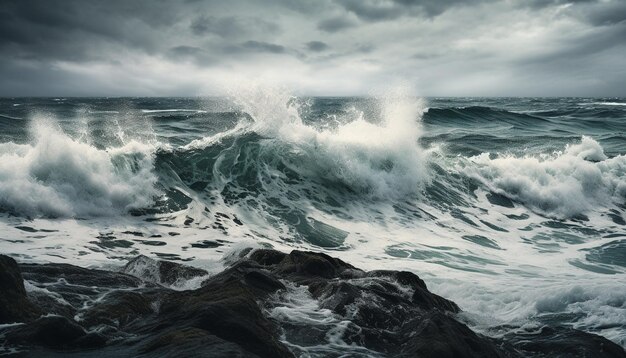 Salpicaduras de olas rompen contra la costa rocosa y el rocío generado por IA