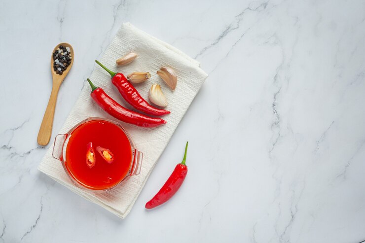 Foto gratuito salsa de chile y pimientos sobre superficie blanca