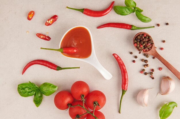 Salsa de chiles al rojo vivo. ketchup de tomate, salsa de chile, puré con ají, Verduras, tomates y ajo. en la superficie de piedra. vista superior.