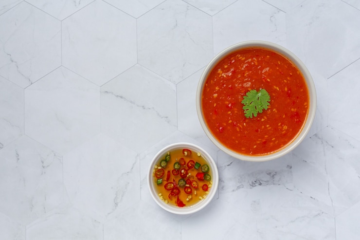Foto gratuito salsa picante tailandesa de sukiyaki en un pequeño cuenco blanco