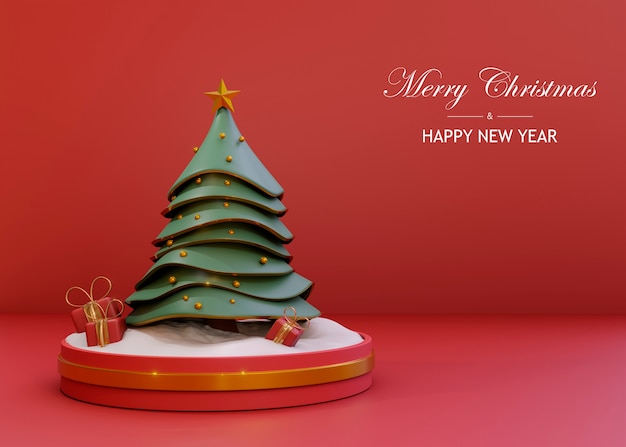 Saludos de feliz navidad con árbol en podio