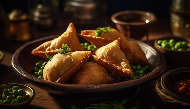 Samosas fritas en un plato de vajilla rústica generado por IA