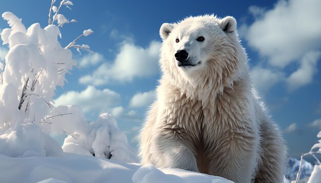 Un samoyedo esponjoso parado en la nieve mirando la cámara generada por inteligencia artificial