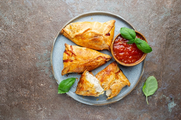 Foto gratuita samsa o samosas con filete de pollo