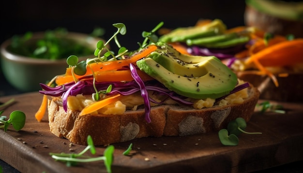 Un sándwich con aguacate y repollo rojo encima